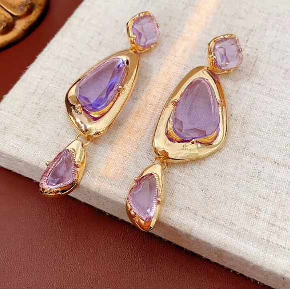 Gold and Purple Drop Earrings - Picture 5 of 6